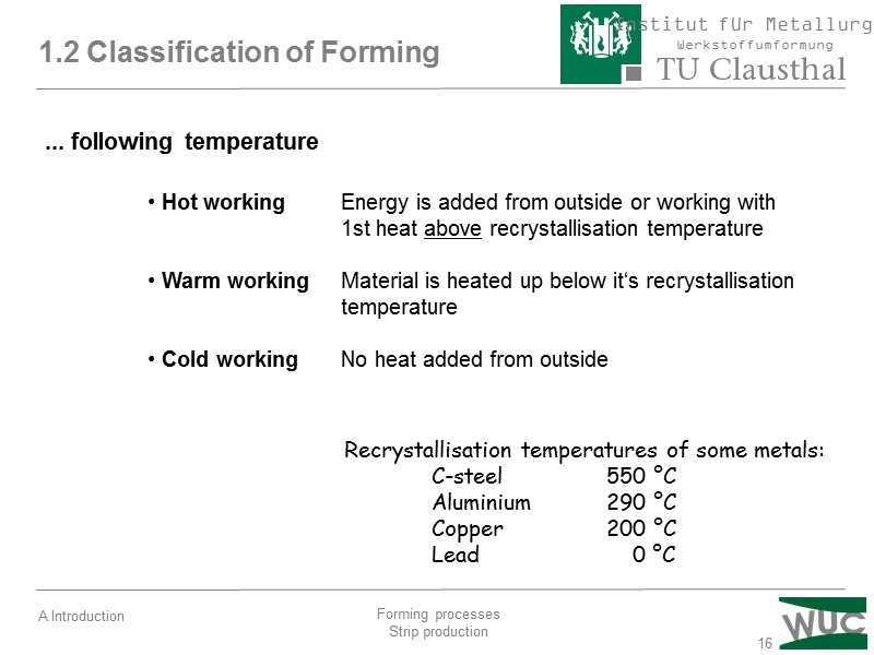 16 Vorlesungsübersicht 1.2 Classification of Forming ... following temperature  Hot working  